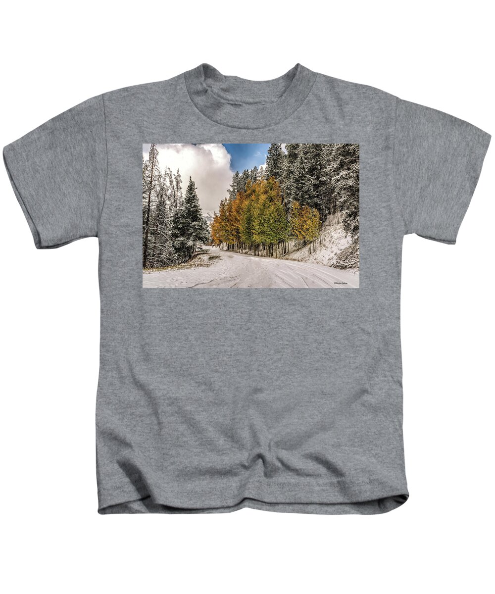 Boreas Pass Road Kids T-Shirt featuring the photograph Boreas Pass Road Aspen and Snow by Stephen Johnson