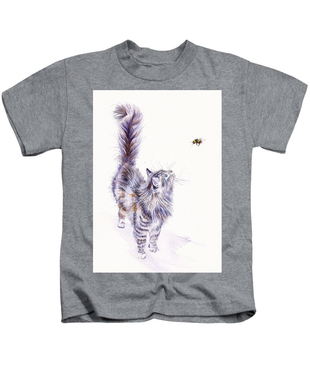 Cats Kids T-Shirt featuring the painting Cat - Bright Eyed and Bushy Tailed by Debra Hall