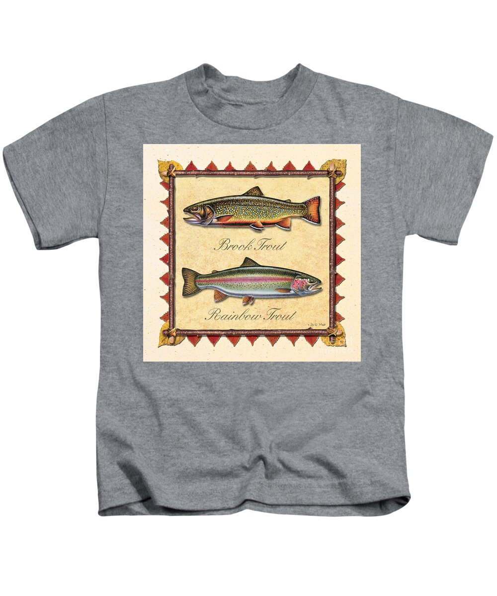 Jon Q Wright Jq Licensing Trout Fly Flyfishing Brown Trout Rainbow Trout Brook Trout Cutthroat Trout Fishing Lodge Cabin Kids T-Shirt featuring the painting Brook and Rainbow Trout Creme by JQ Licensing