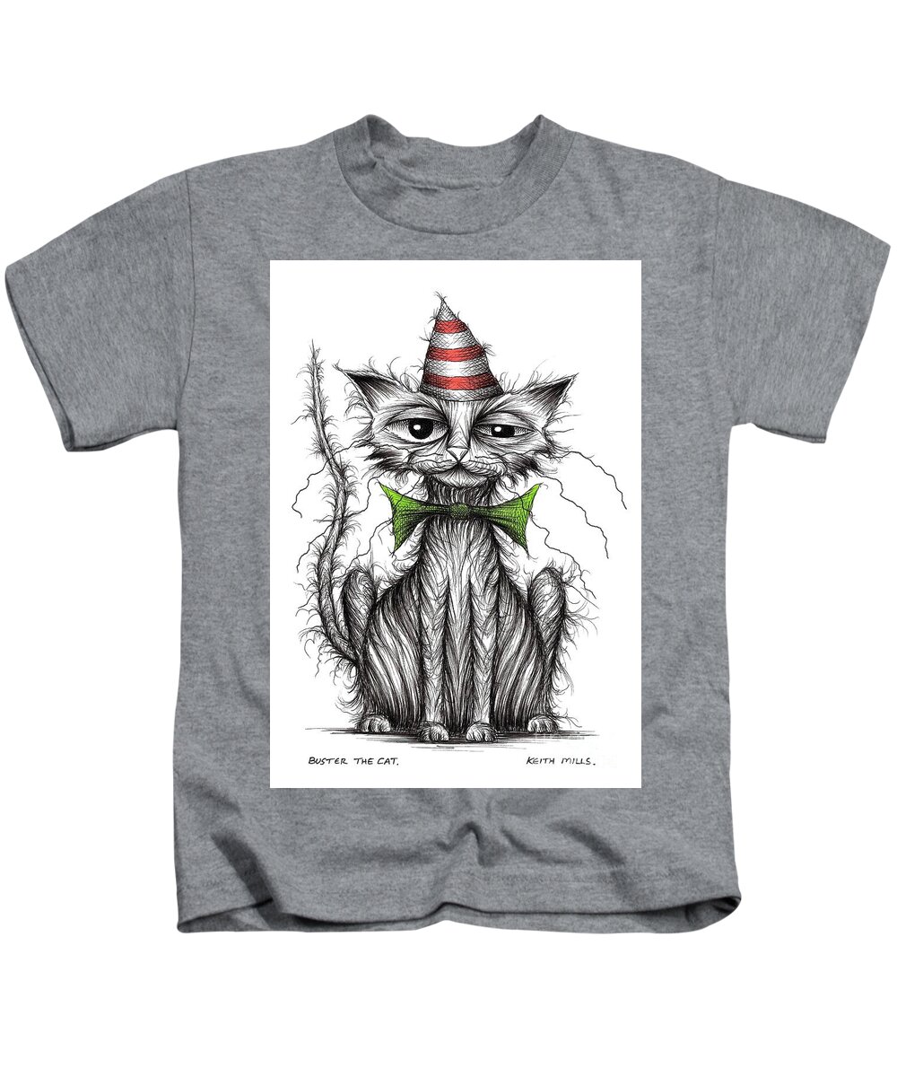 Buster Kids T-Shirt featuring the drawing Buster the cat by Keith Mills