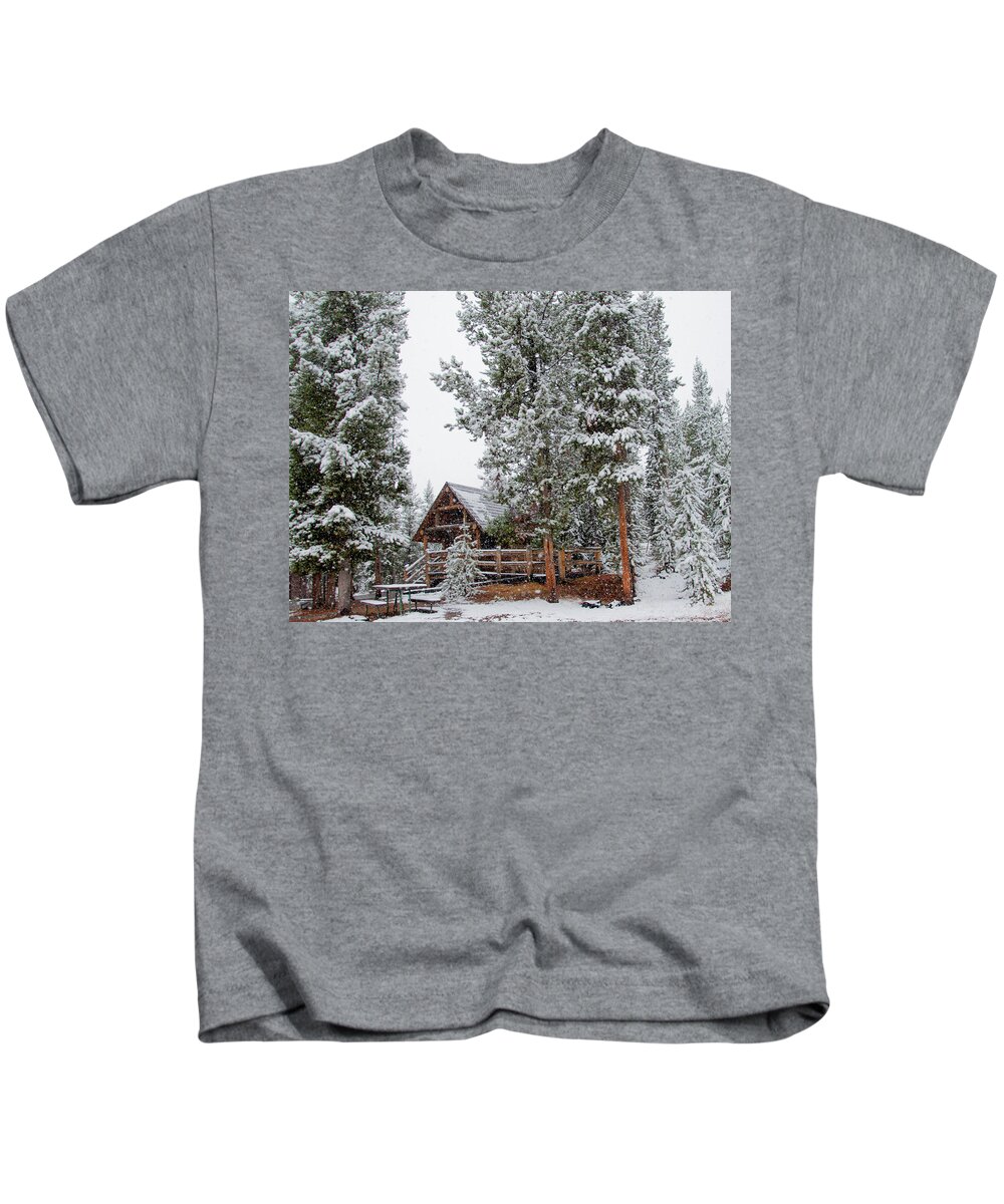 Yellowstone Kids T-Shirt featuring the photograph Cabin in the Woods by Frank Madia