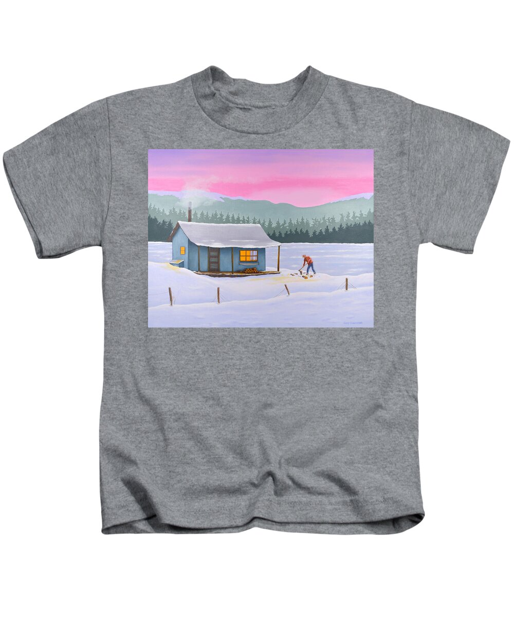 Cabin Lake Wolves Chopping Wood Cold Warm Winter Sunset Aurora Snow Snowdrift Kids T-Shirt featuring the painting Cabin on a frozen lake by Gary Giacomelli