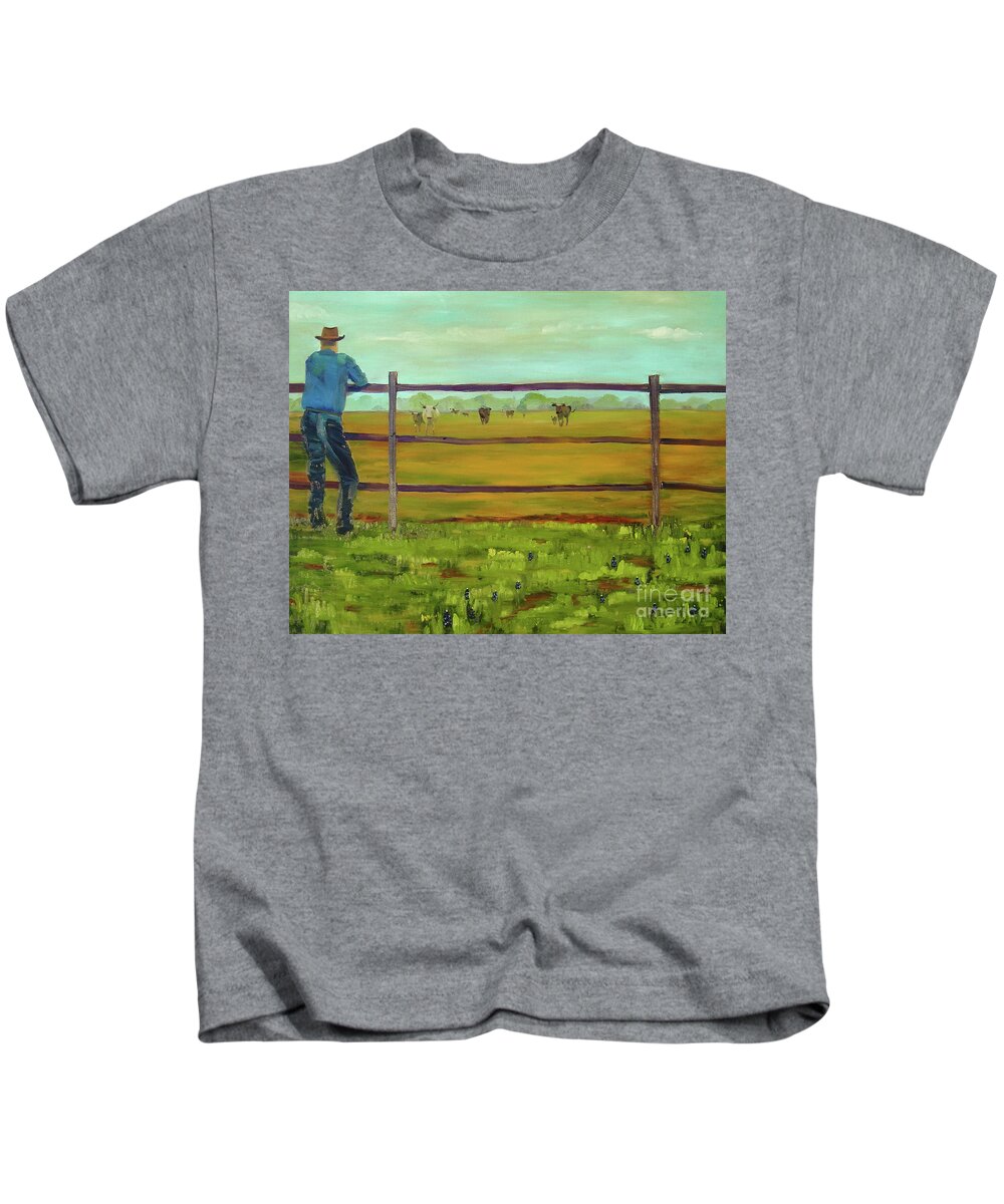 Western Kids T-Shirt featuring the painting Calling 'em Home by Lilibeth Andre