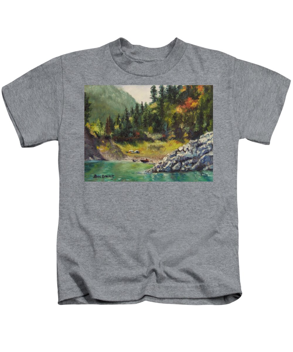 Palisades Lake Idaho Kids T-Shirt featuring the painting Camping On The Lake Shore by Lori Brackett