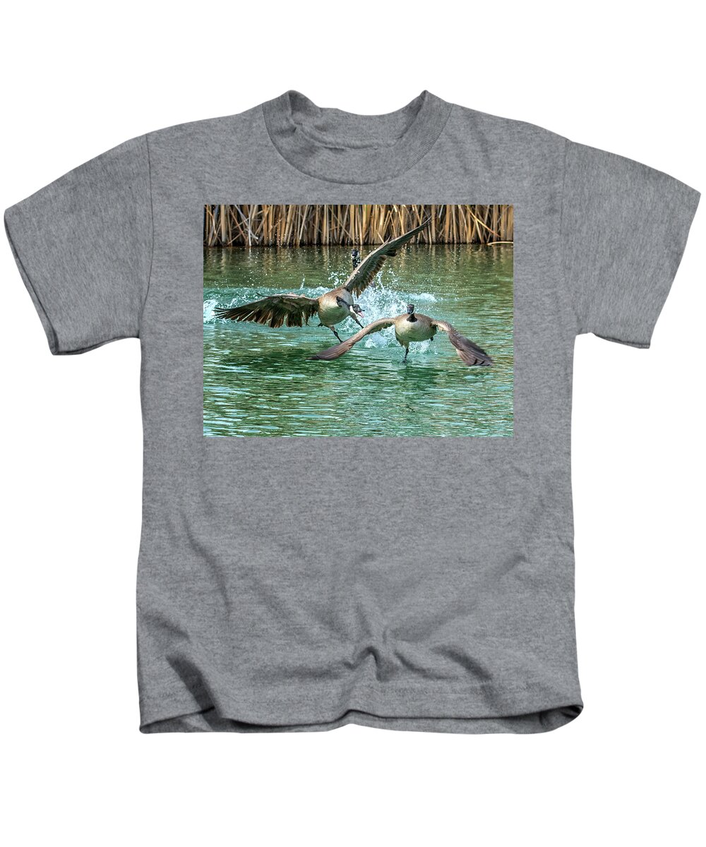 Canada Kids T-Shirt featuring the photograph Canada Geese Chase 4906 by Tam Ryan
