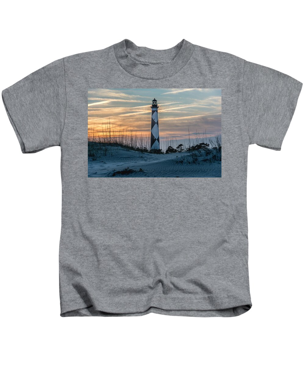 Cape Lookout Lighthouse Kids T-Shirt featuring the photograph Cape Lookout Lighthouse at sunset by WAZgriffin Digital