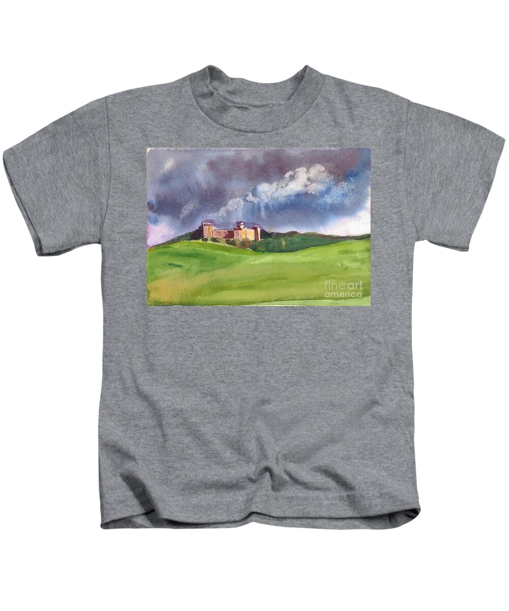 Castle And The Clouds Kids T-Shirt featuring the painting Castle under clouds by Asha Sudhaker Shenoy