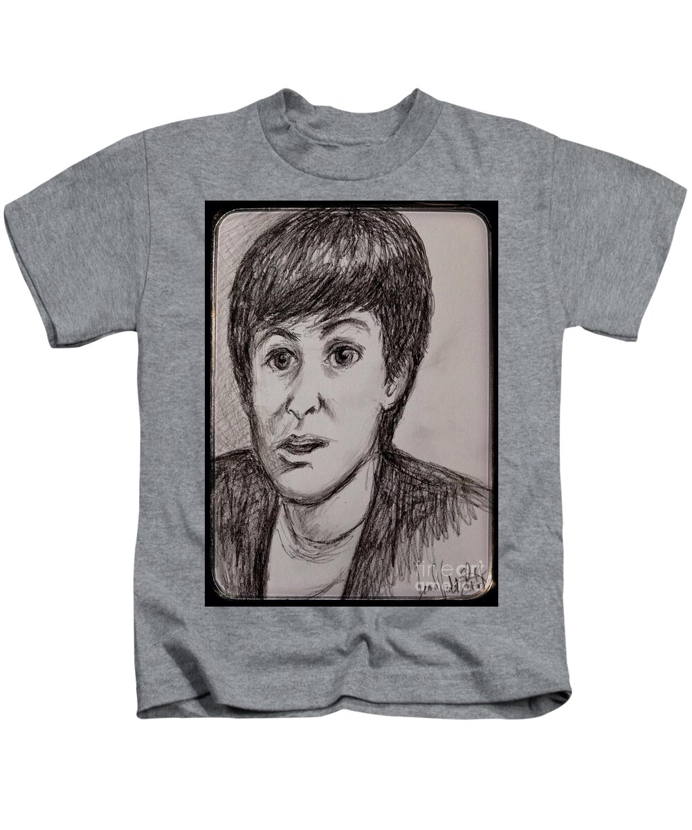 Sir Paul Mccartney Kids T-Shirt featuring the drawing Charcoal Portrait of Paul McCartney by Joan-Violet Stretch
