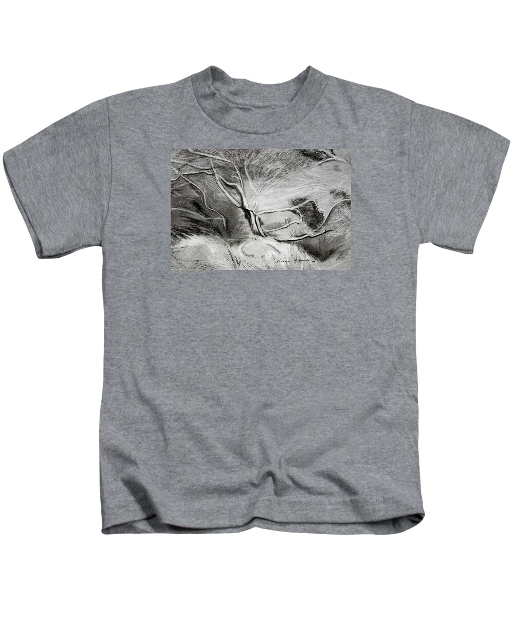  Kids T-Shirt featuring the painting Charcoal Tree by Kathleen Barnes