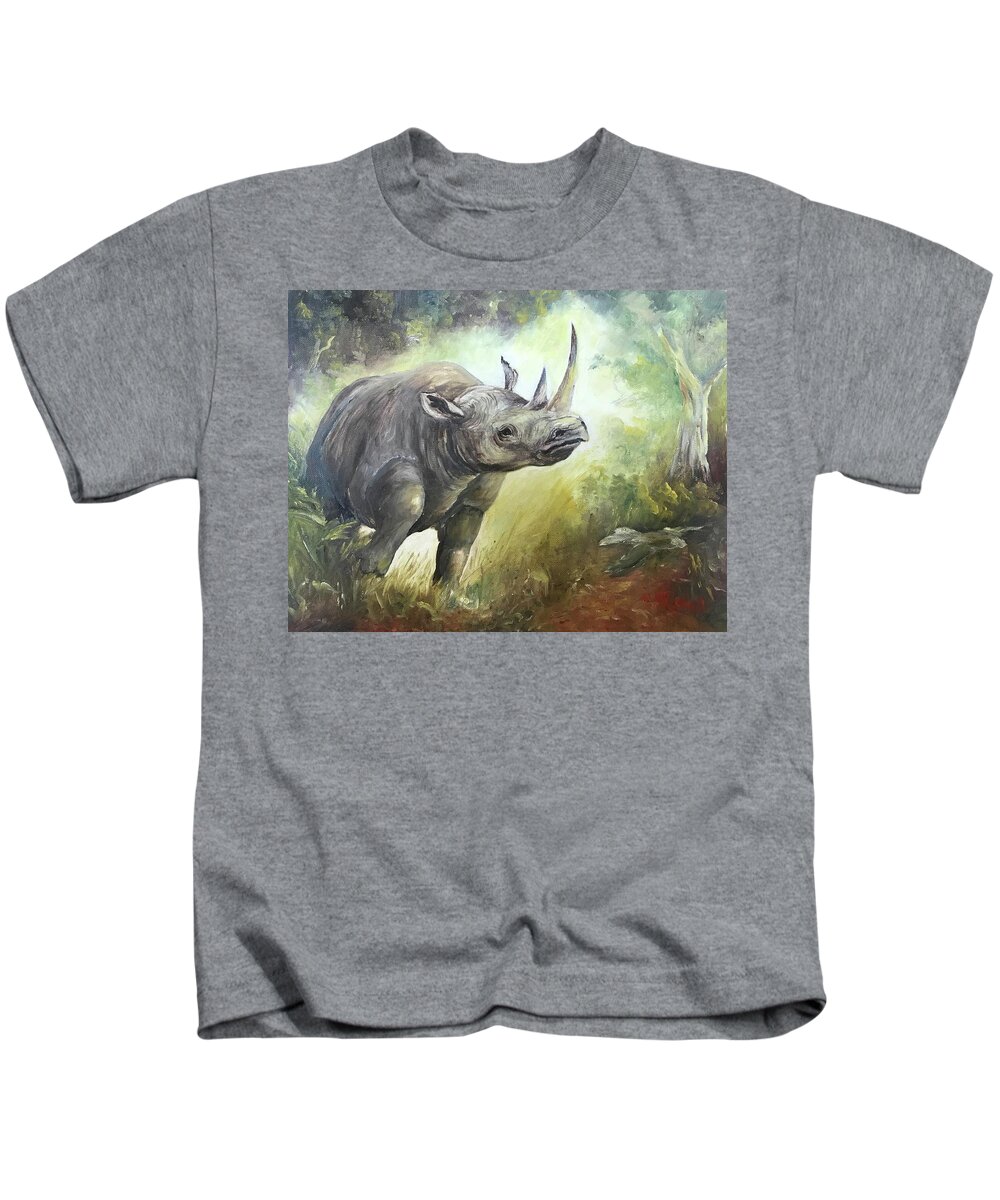 Rhino Kids T-Shirt featuring the painting Charging Rhino by ML McCormick