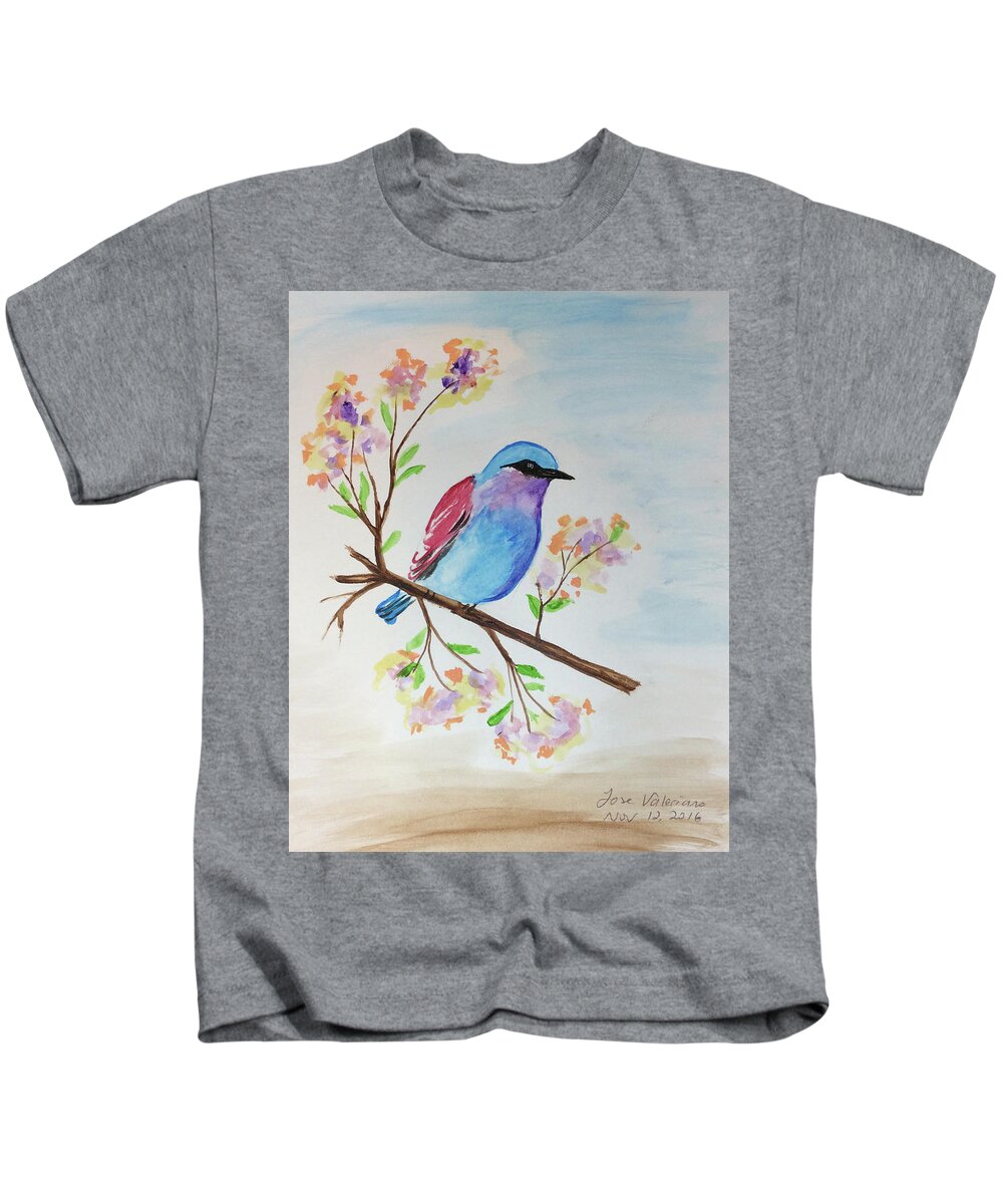 Watercolor Kids T-Shirt featuring the painting Chickadee on a branch by Martin Valeriano