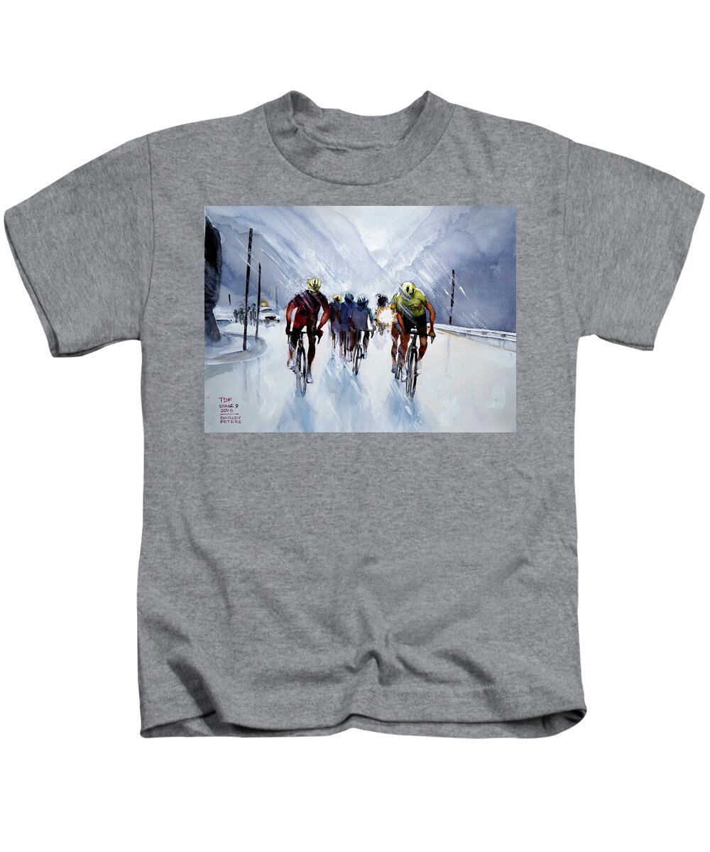 My Name On Ebay Is Sannpet. 24cm X 32cm Watercolour Kids T-Shirt featuring the painting Chris Froome and Others in Rain and Ice by Shirley Peters