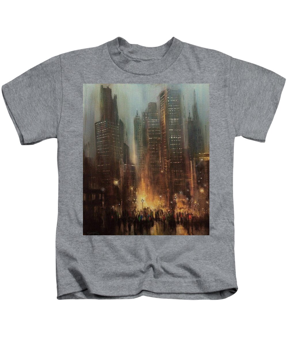 City Scene Kids T-Shirt featuring the painting City Rain by Tom Shropshire