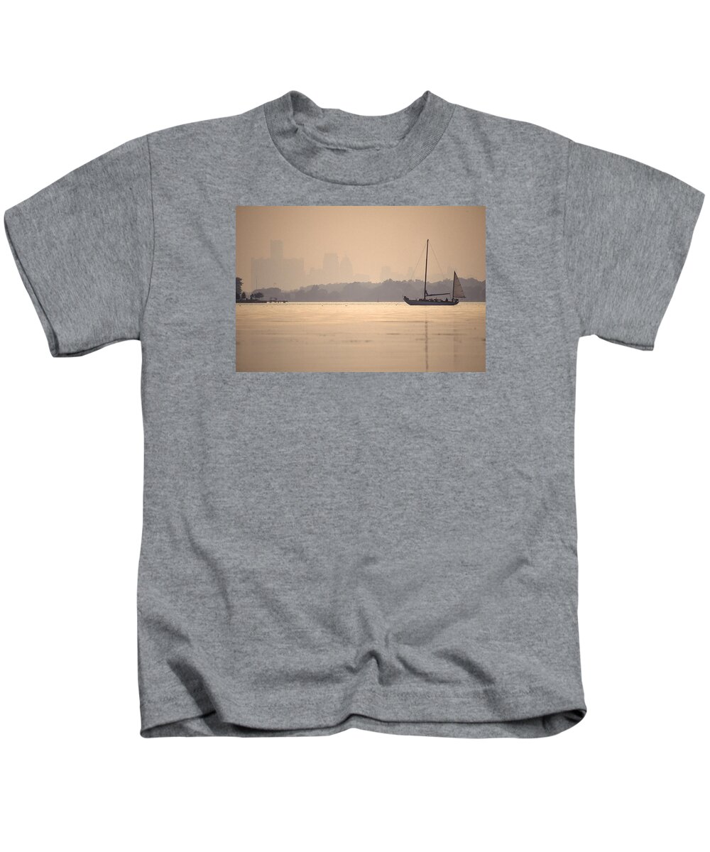 Peche Island Kids T-Shirt featuring the photograph Classic Boat Anchored in the Detrot River near Peche Island by John Harmon