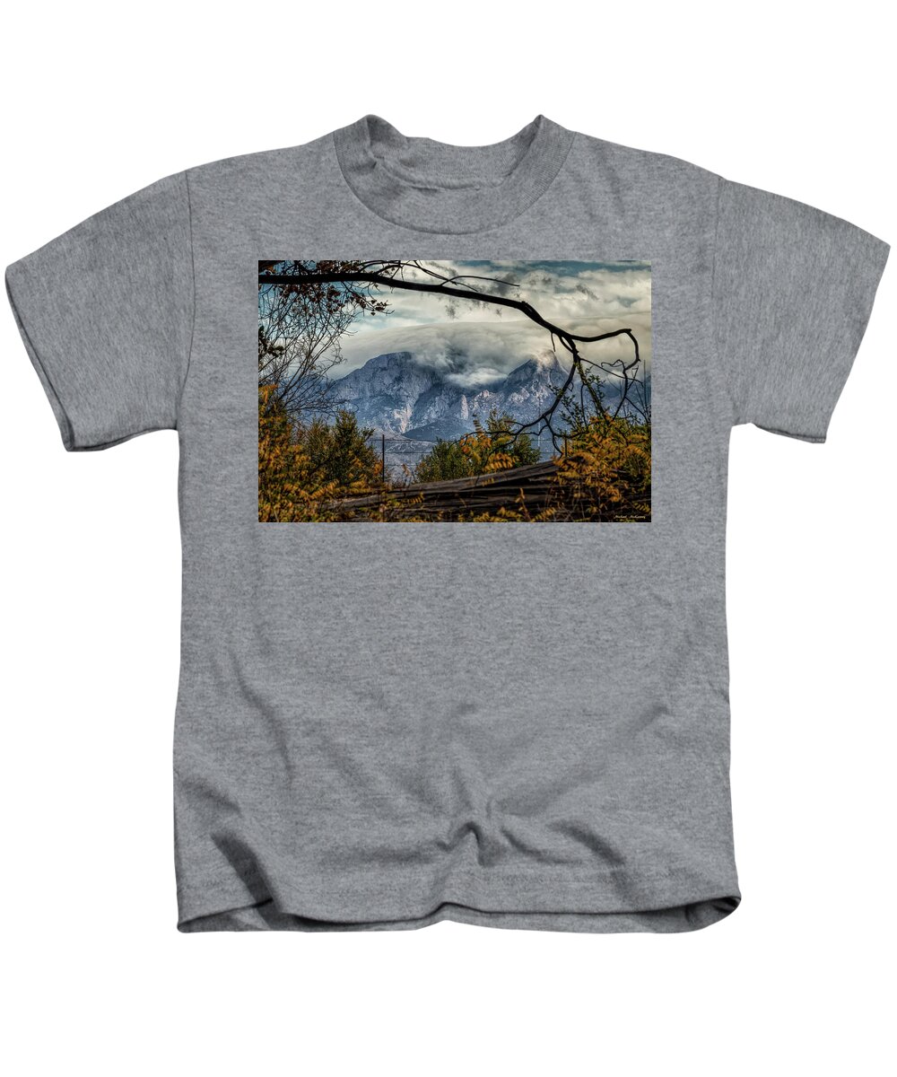 New Mexico Kids T-Shirt featuring the photograph Clouds Draping the Sandias by Michael McKenney