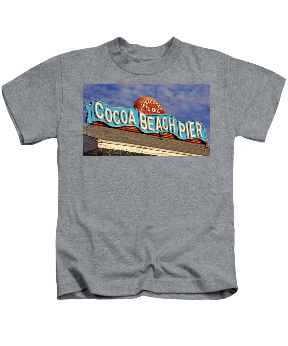 Fine Art Photography Kids T-Shirt featuring the photograph Cocoa Beach Pier Sign by David Lee Thompson