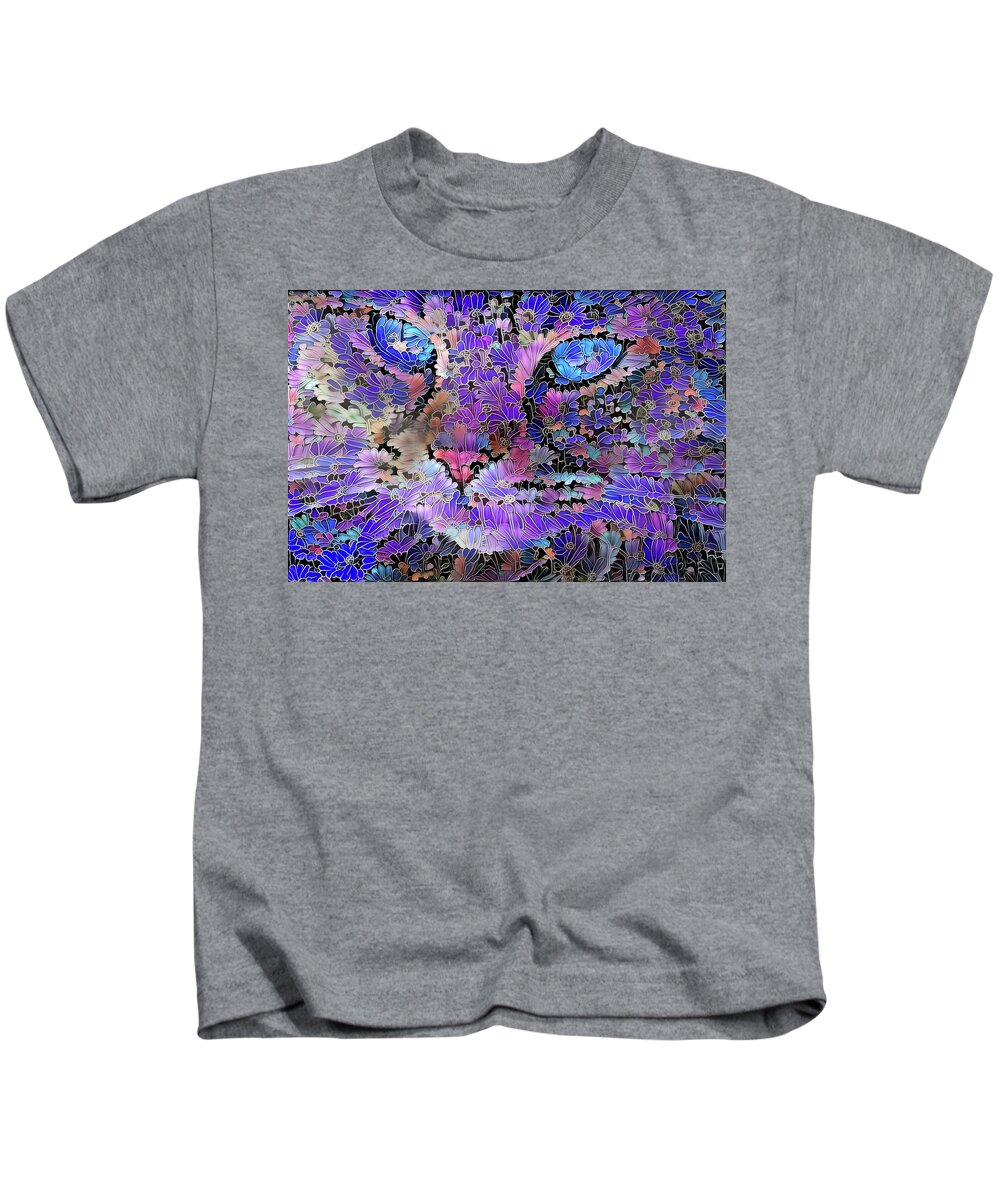 Colorful Cat Kids T-Shirt featuring the digital art Flower Cat 2 by Peggy Collins