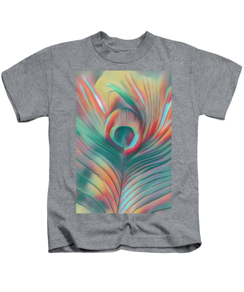 Bird Kids T-Shirt featuring the photograph Colors of the Rainbow Peacock Feather by Debra and Dave Vanderlaan