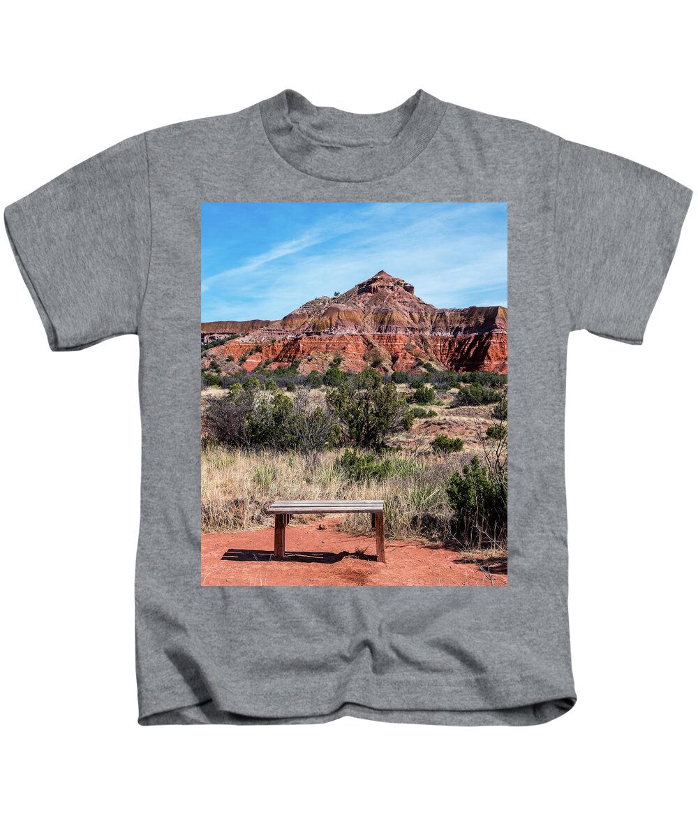 Palo Duro Canyon Kids T-Shirt featuring the photograph Contemplation Bench by Adam Reinhart