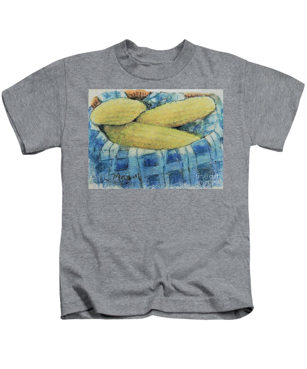Corn Kids T-Shirt featuring the pastel Corn in a Basket by Laurie Morgan