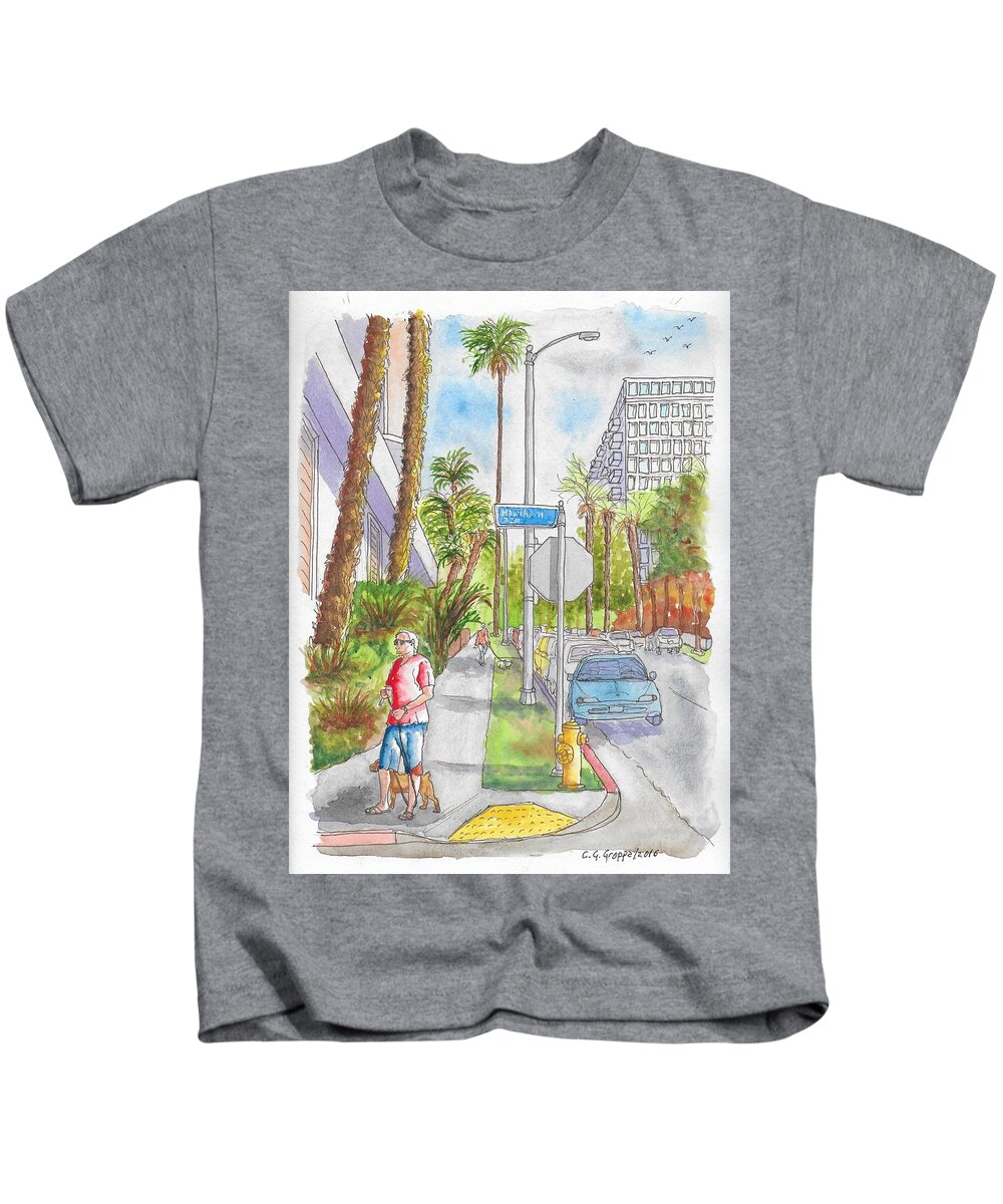 Hollywood Kids T-Shirt featuring the painting Corner of Hawthorn and Formosa in Hollywood, California by Carlos G Groppa
