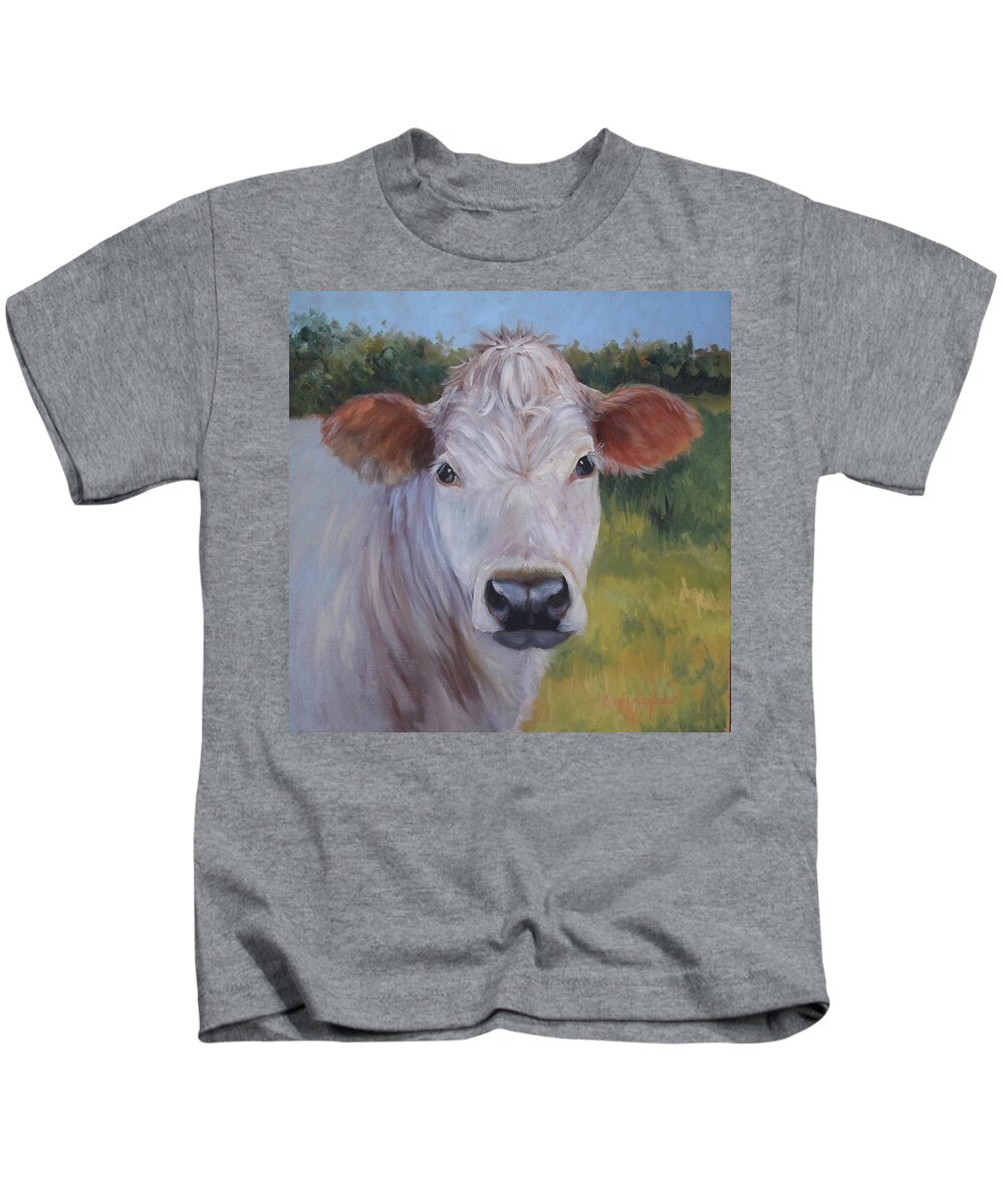 Animal Kids T-Shirt featuring the painting Cow Painting Ms Ivory by Cheri Wollenberg