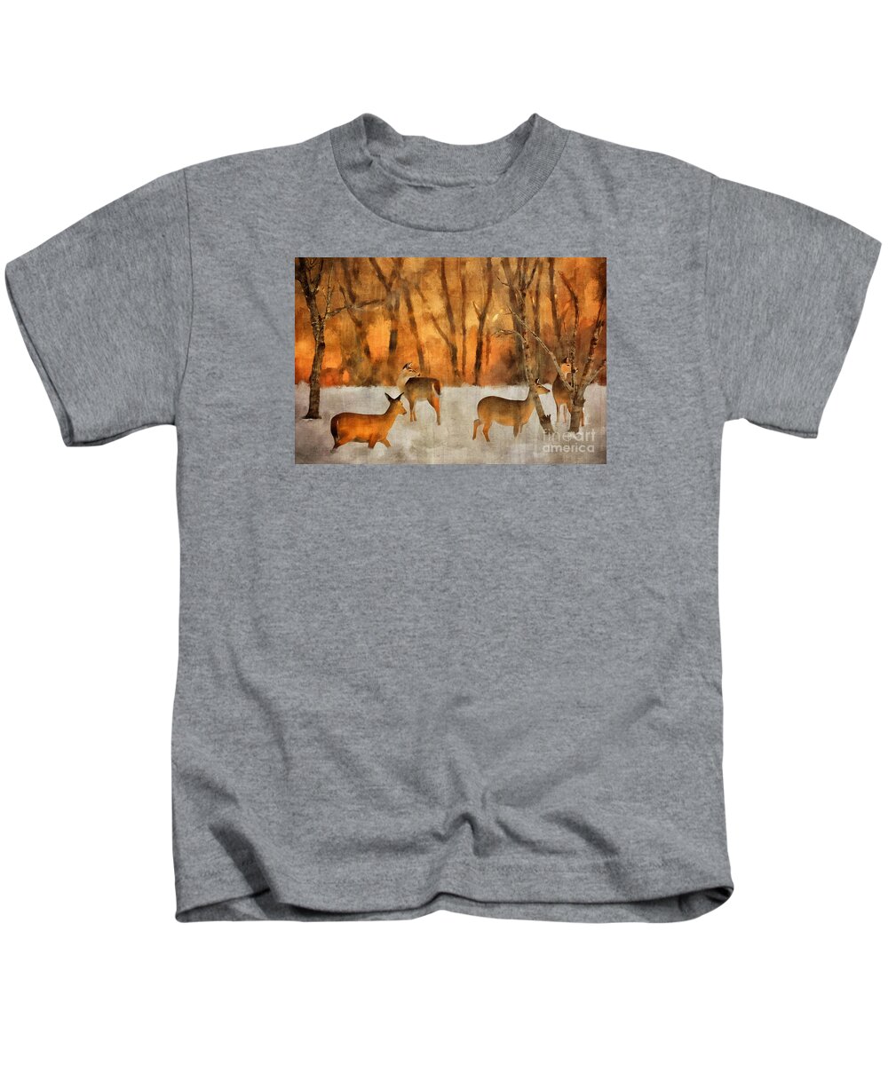 Deer Kids T-Shirt featuring the digital art Creatures of a Winter Sunset by Lois Bryan