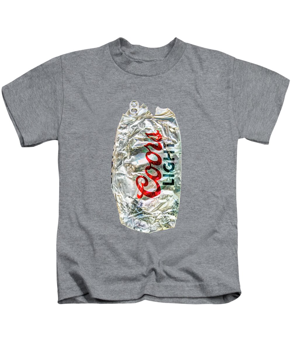 Can Kids T-Shirt featuring the photograph Crushed Light Silver Beer Can on Plywood 79 by YoPedro