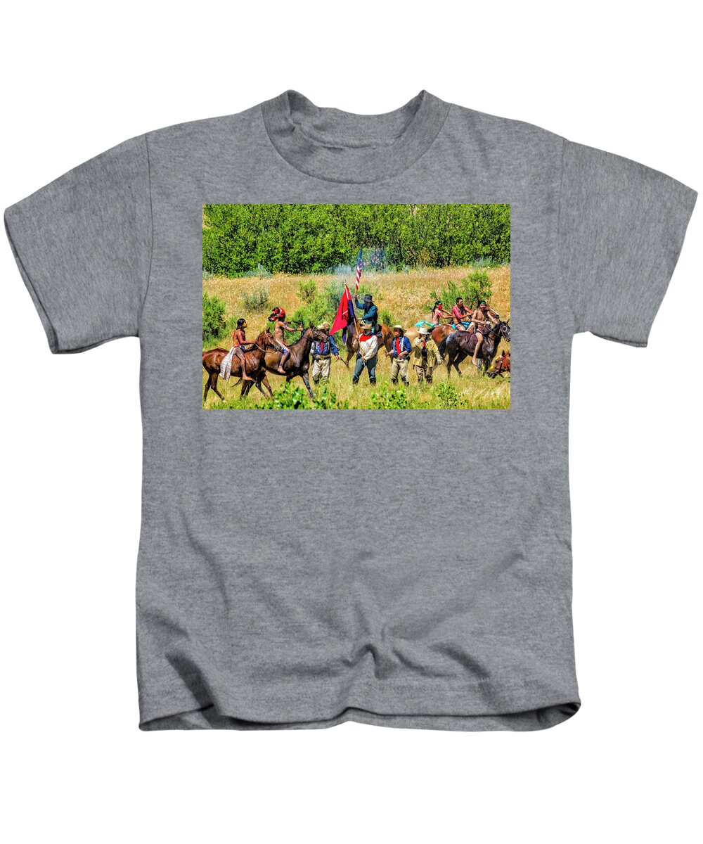 Little Bighorn Re-enactment Kids T-Shirt featuring the photograph Custer And His Troops Fighting The Indians 2 by Donald Pash