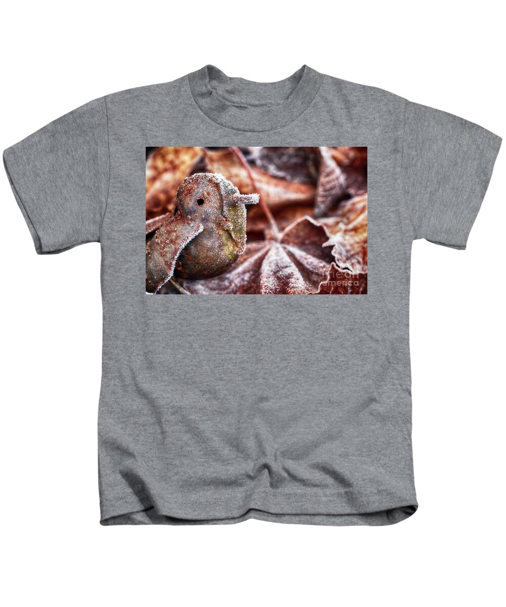 Bird Kids T-Shirt featuring the photograph Cute frozen little bird and leaves by Simon Bratt