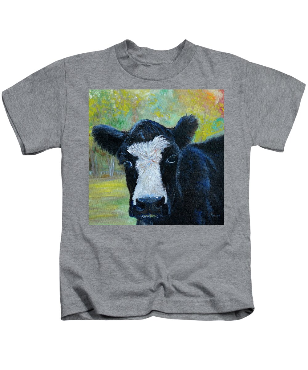 Cow In A Fall Pasture On A Beautiful Day Kids T-Shirt featuring the painting Daisy the Cow by Kathy Knopp