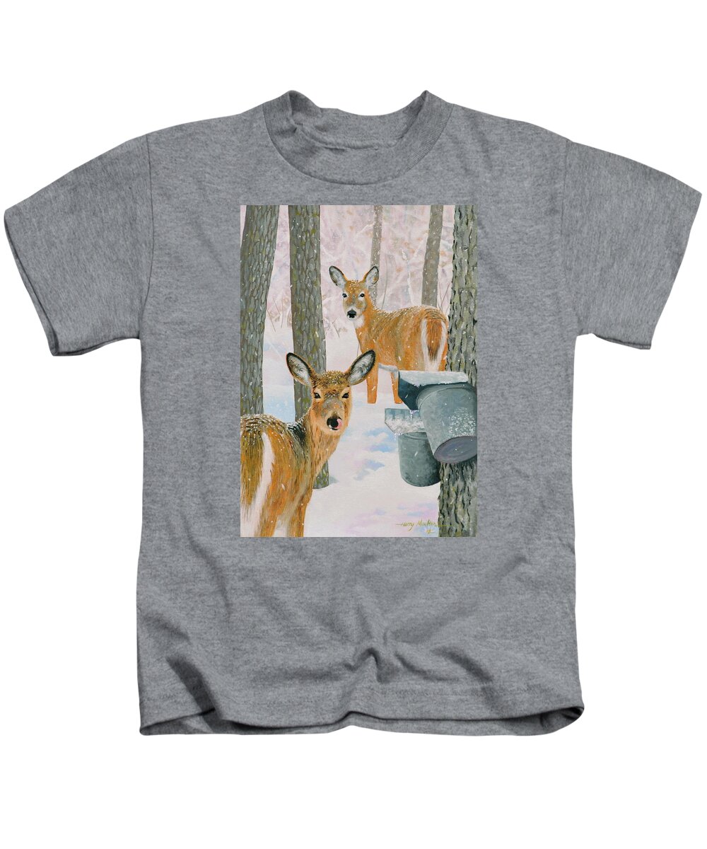 Animal Kids T-Shirt featuring the painting Deer and Sap Buckets by Harry Moulton