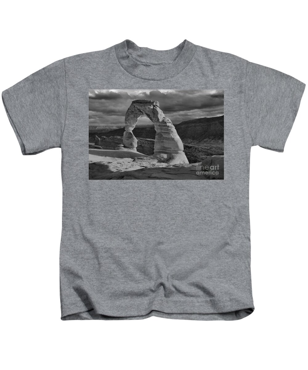 Delicate Arch Kids T-Shirt featuring the photograph Delicate Arch Black And White Sunset Shadow by Adam Jewell
