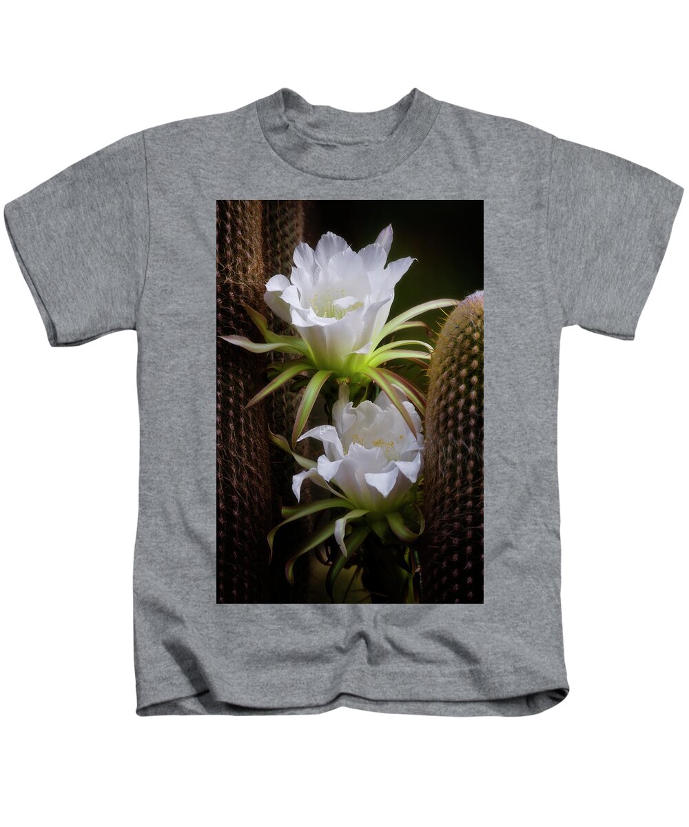 White Echinopsis Flowers Kids T-Shirt featuring the photograph Delicate In Between The Thorns by Saija Lehtonen