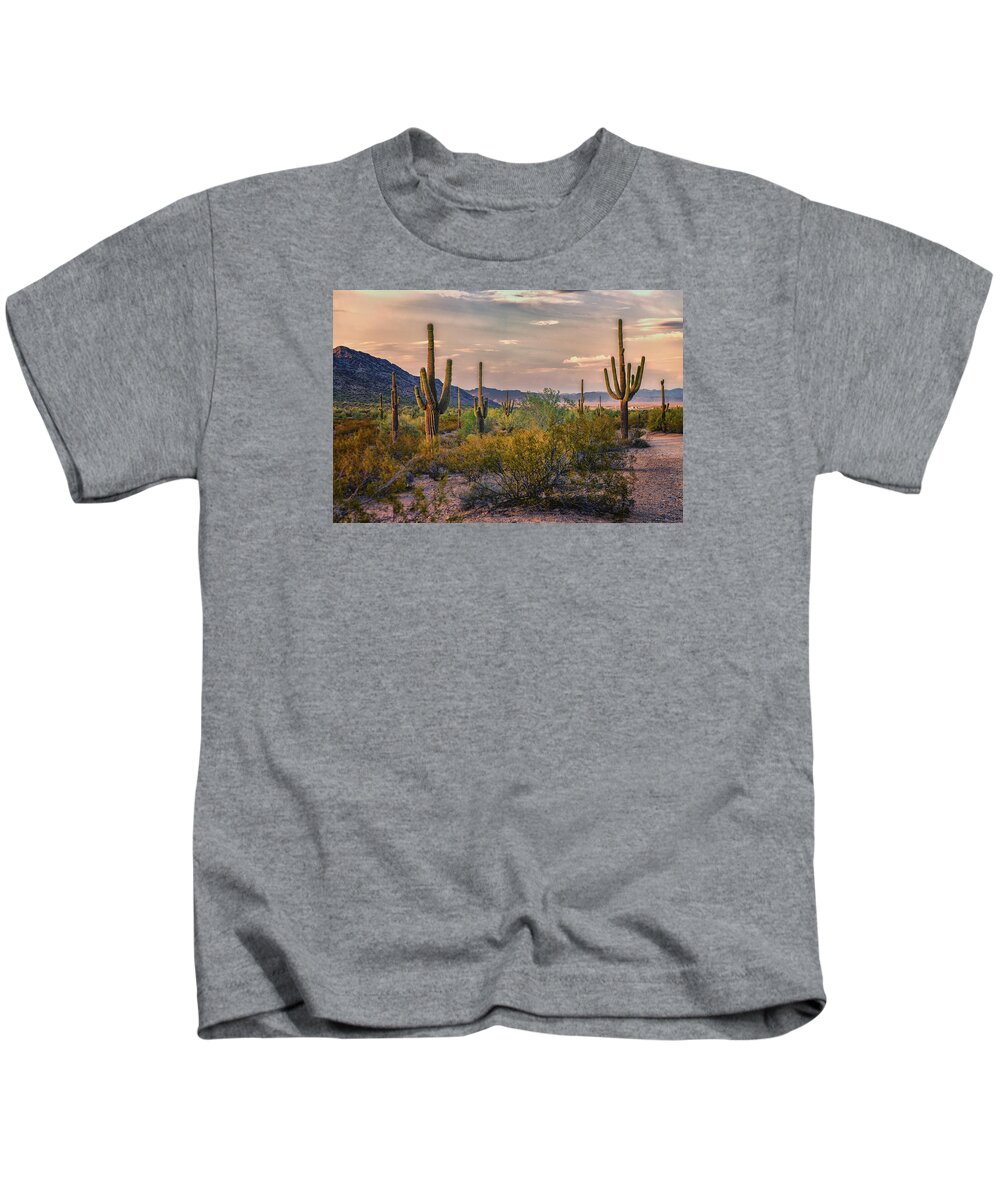 Desert Cactus Kids T-Shirt featuring the photograph Desert Sun Setting - San Tan - Arizona by Jon Berghoff