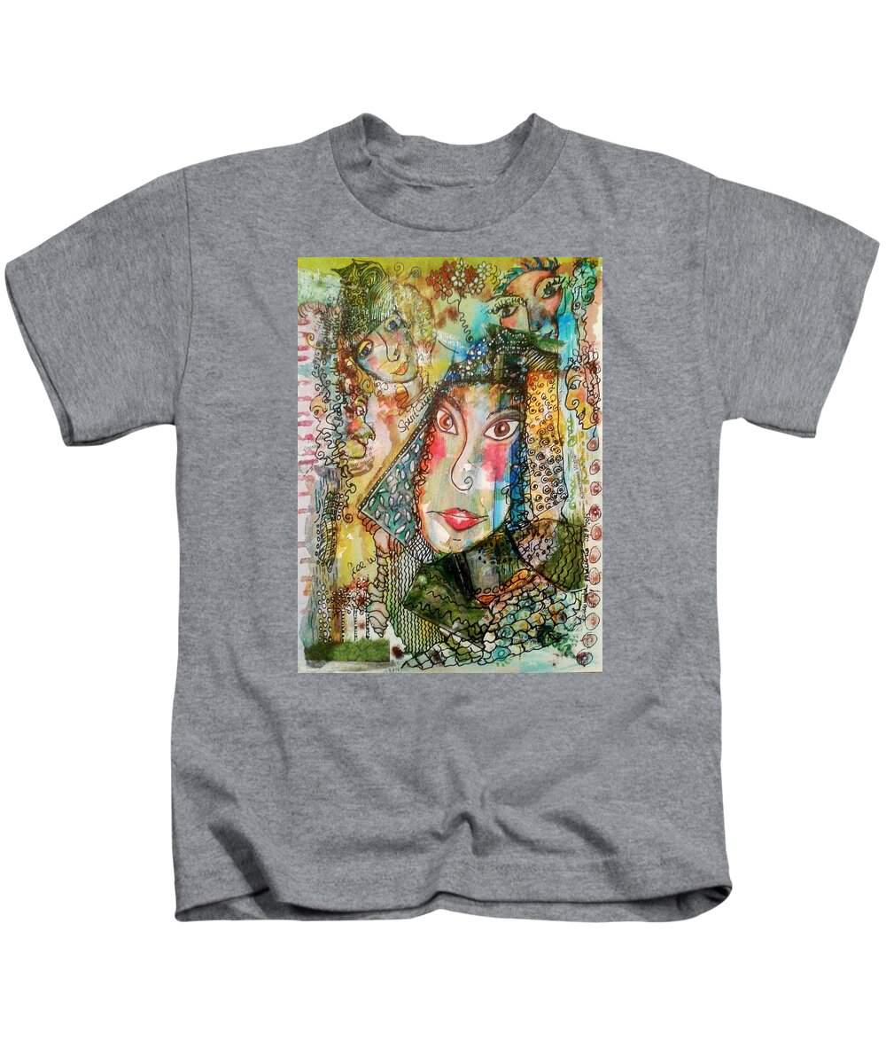 Girl Kids T-Shirt featuring the mixed media Doe Eyed Girl and her Spirit Guides by Mimulux Patricia No