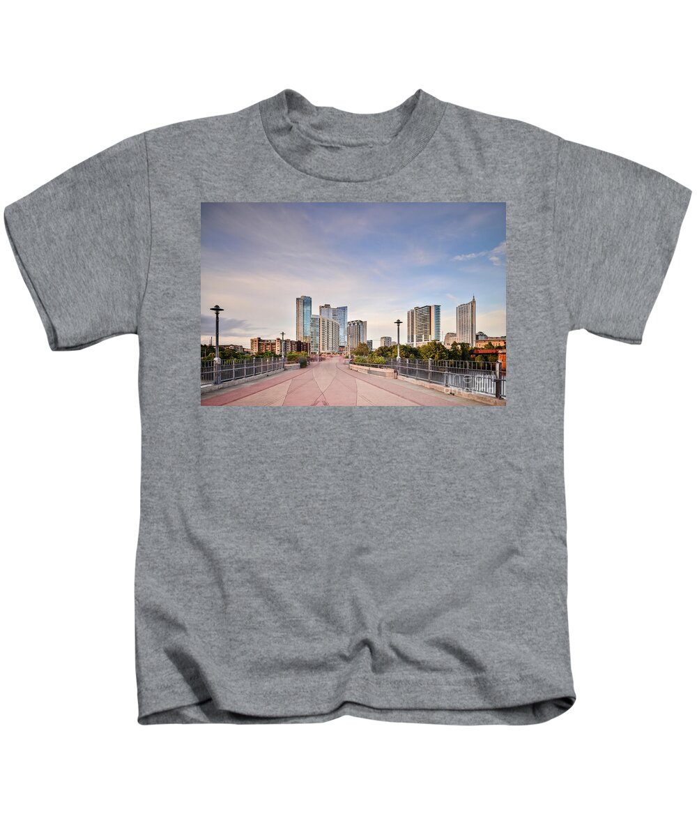 Downtown Kids T-Shirt featuring the photograph Downtown Austin Skyline from Lamar Street Pedestrian Bridge - Texas Hill Country by Silvio Ligutti