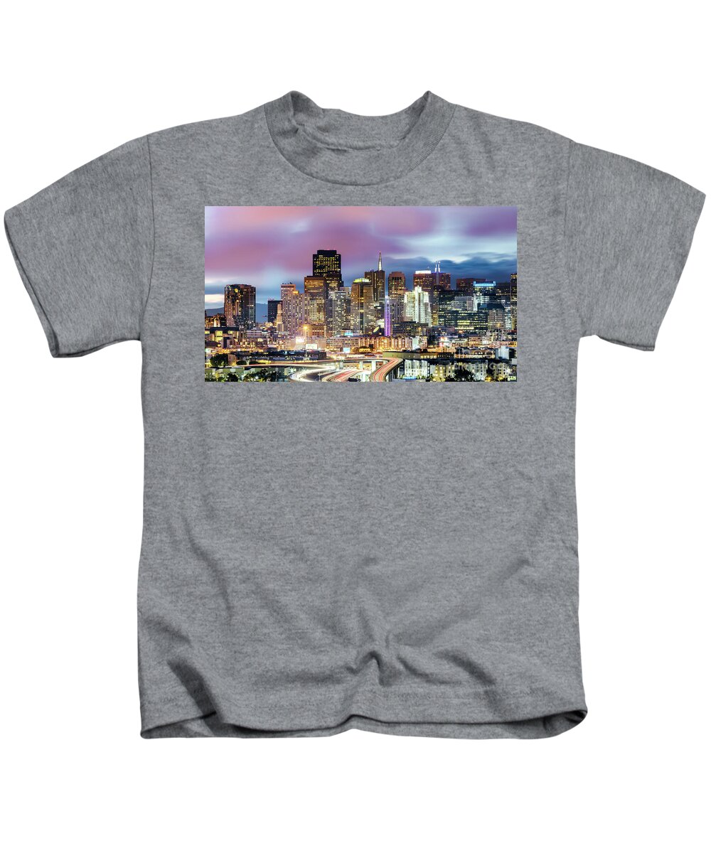 San Francisco Kids T-Shirt featuring the photograph Downtown skyline at dusk, San Francisco, California, USA by Matteo Colombo