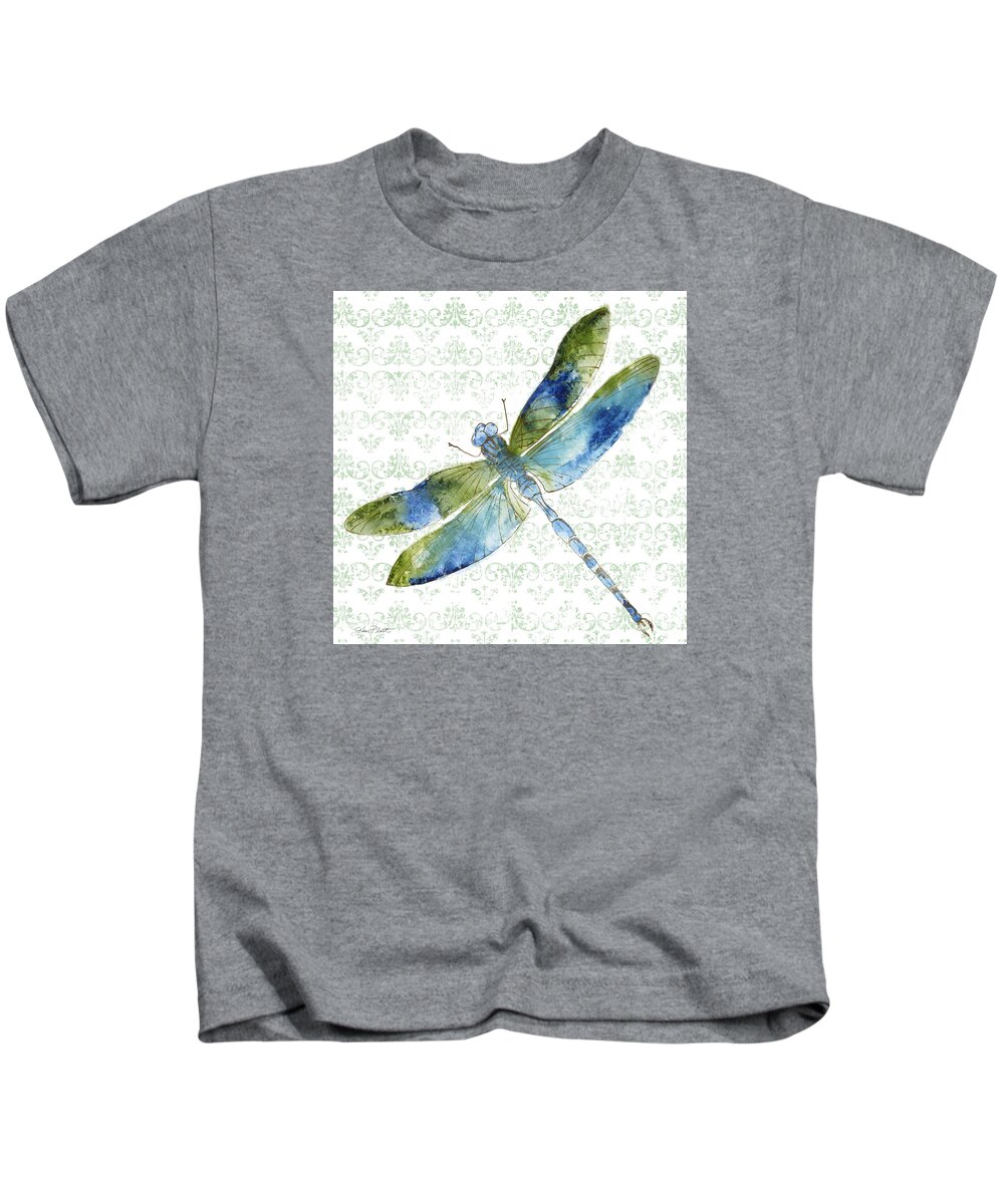 Jean Plout Kids T-Shirt featuring the painting Dragonfly Bliss-JP3435 by Jean Plout