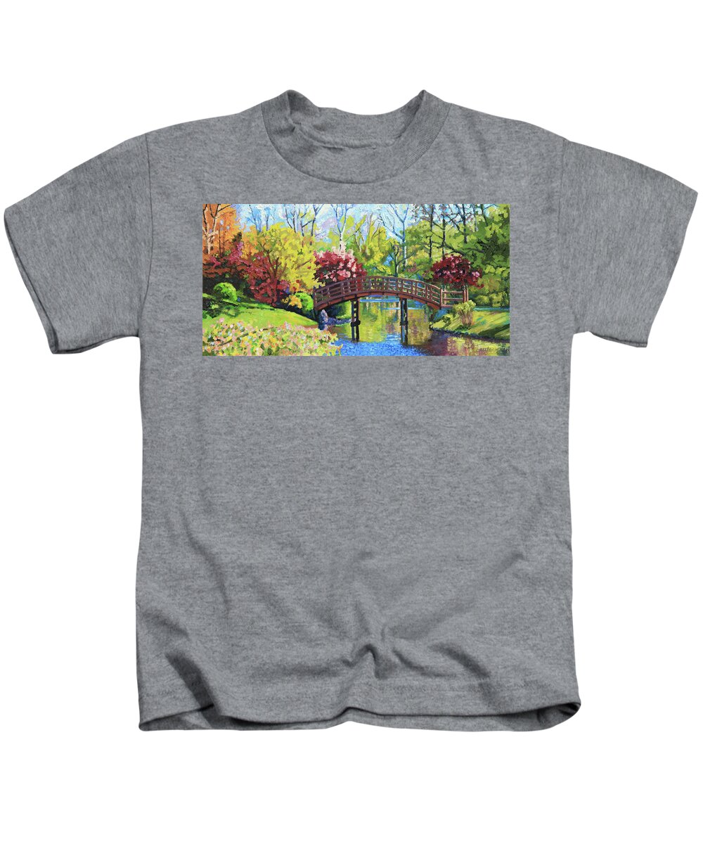 Autumn Kids T-Shirt featuring the painting Drum Bridge in Autumn by John Lautermilch