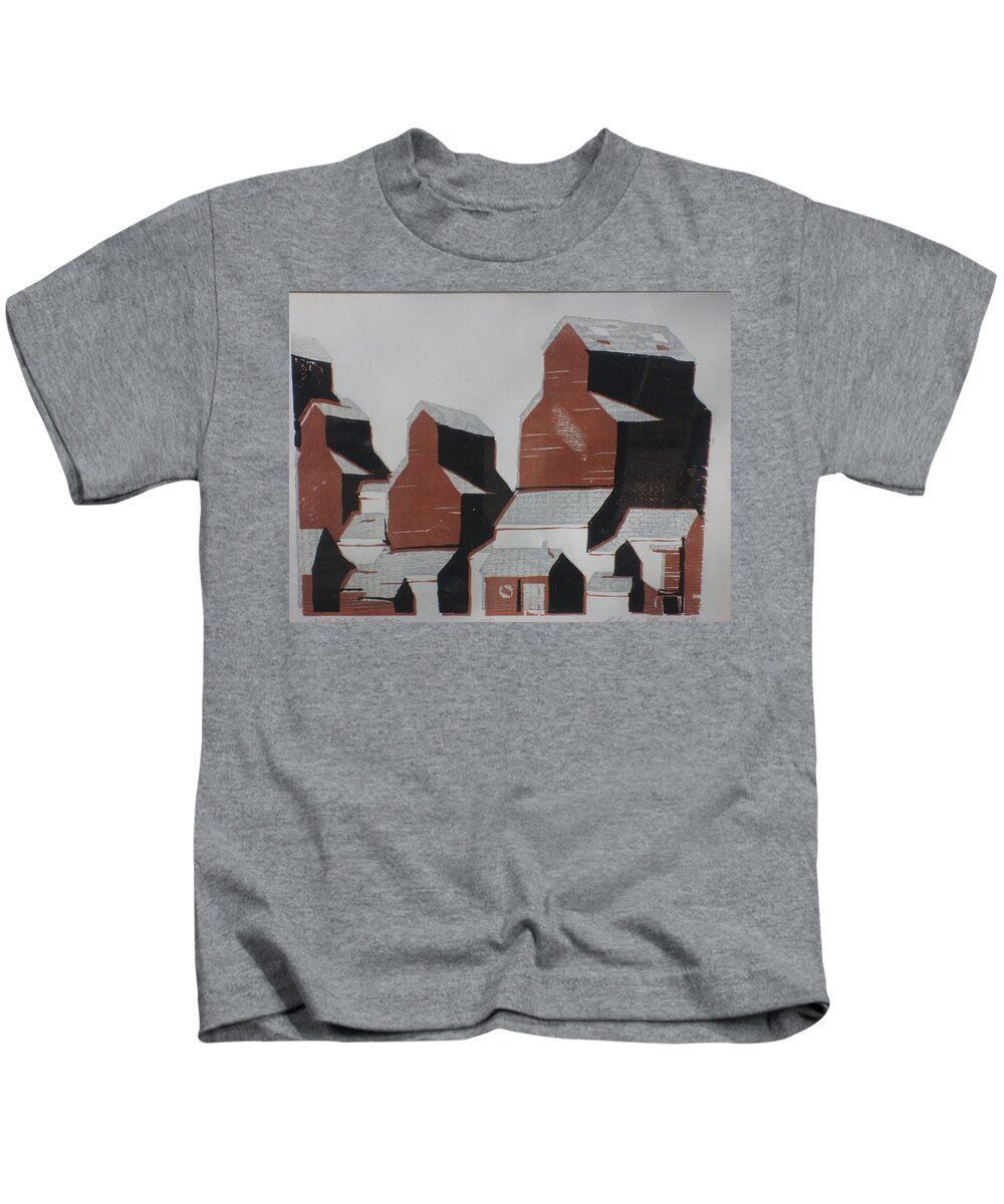 Woodcut Kids T-Shirt featuring the painting Elevator by Rodger Ellingson
