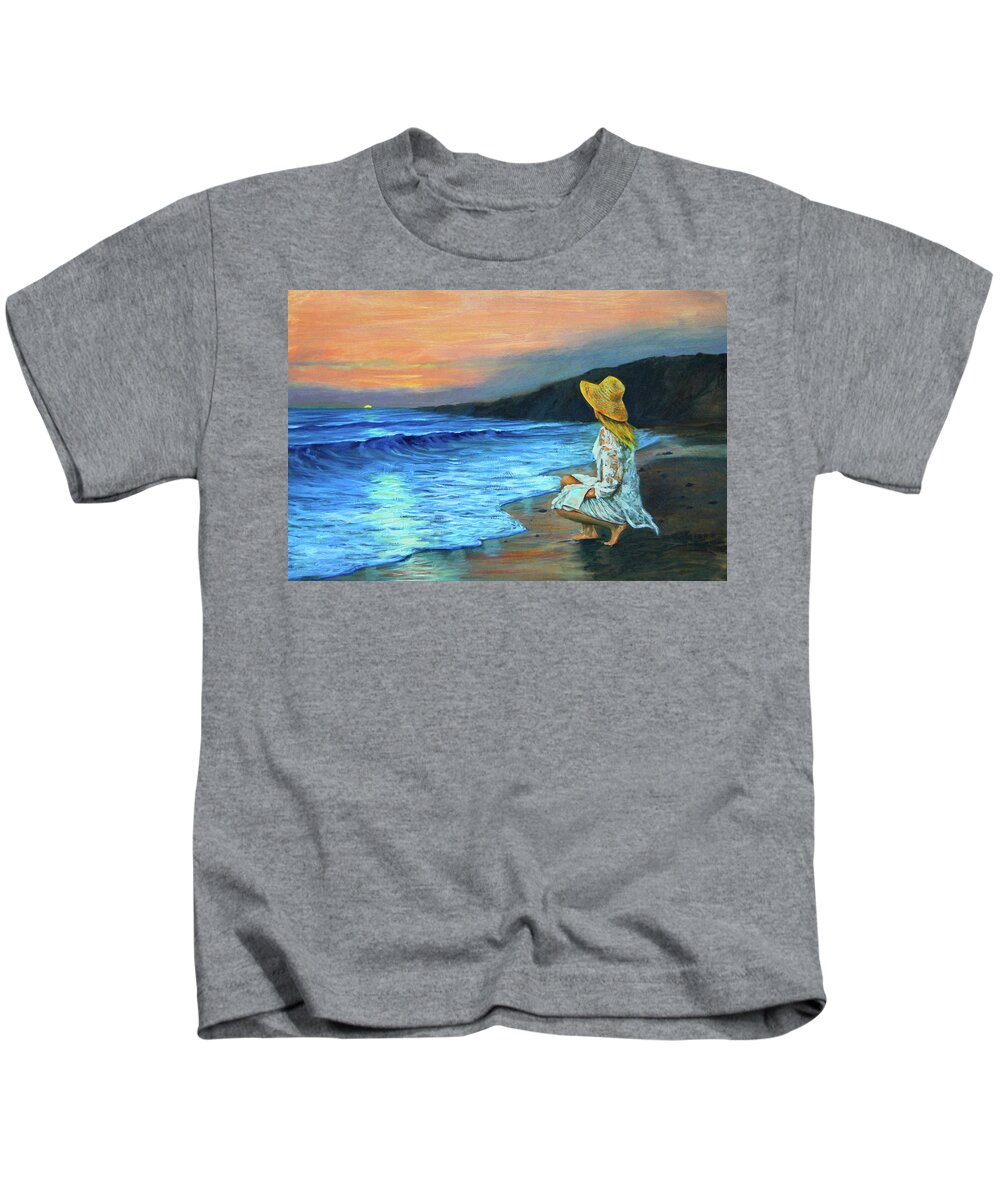 Sunset Girl Beach Romantic Kids T-Shirt featuring the painting End of Day by Murry Whiteman