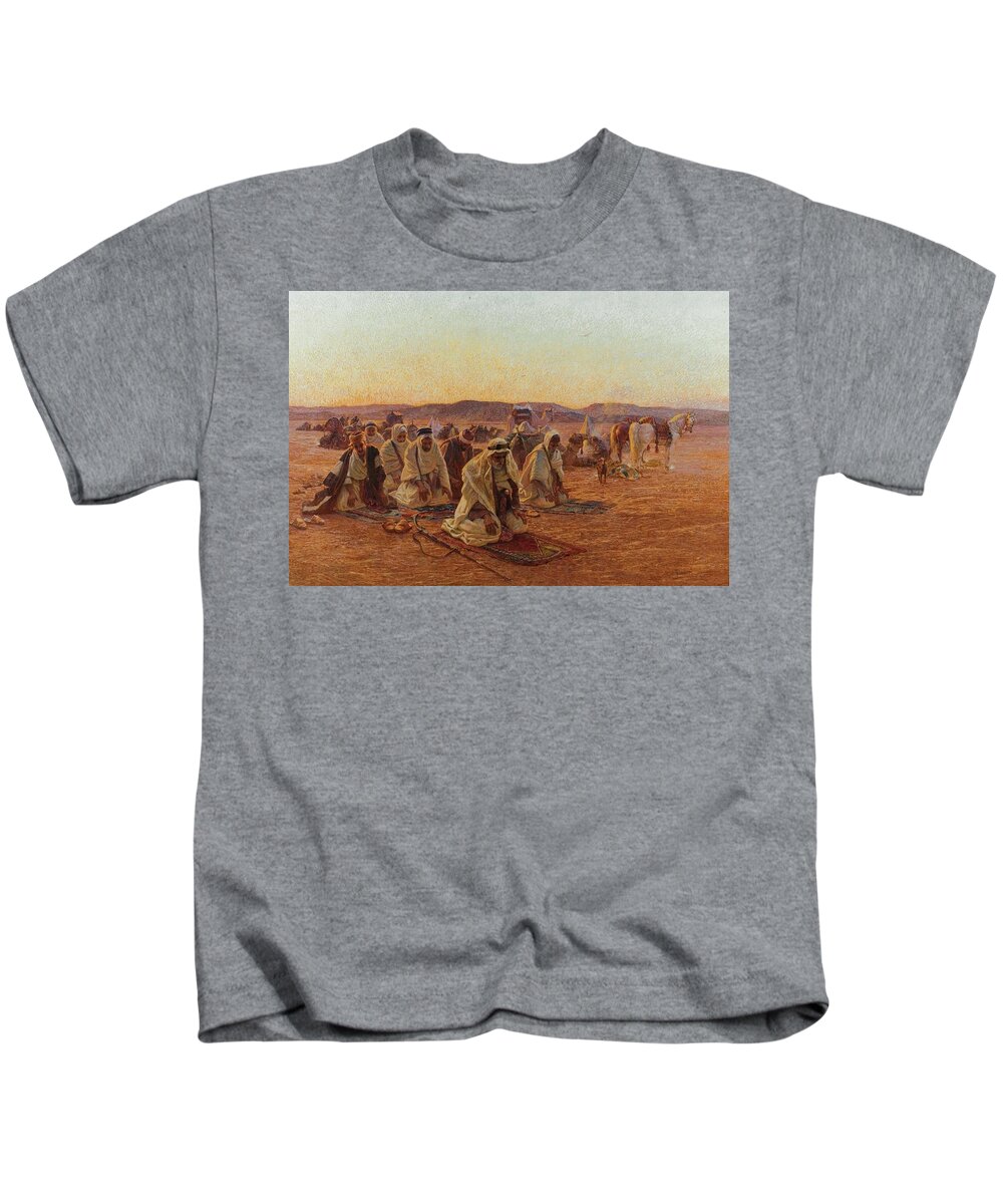 Otto Pilny 1866-1936 Evening Prayers In The Desert C 1918 Kids T-Shirt featuring the painting Evening Prayers In The Desert by Eastern Accent 