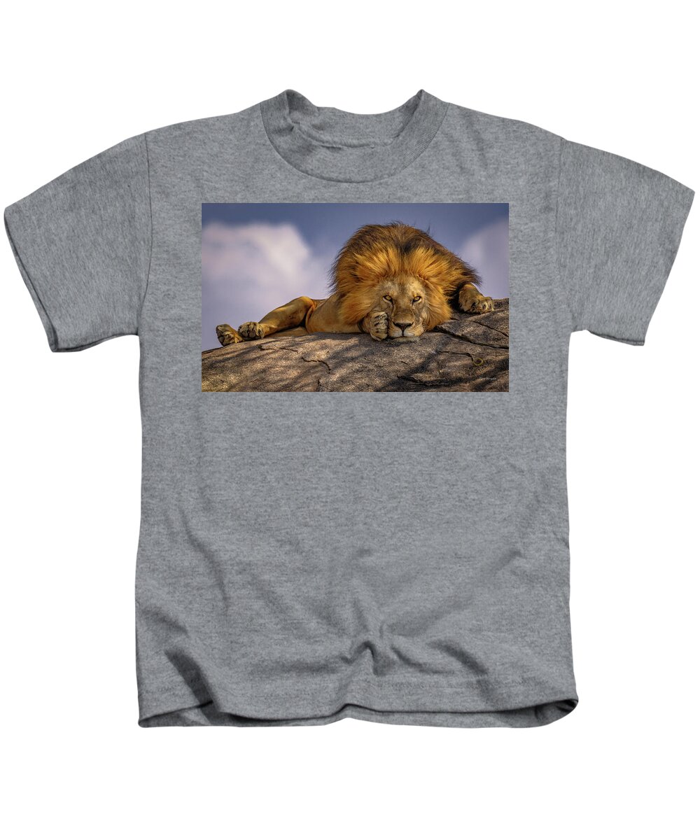 Lion Kids T-Shirt featuring the photograph Eye Contact on the Serengeti by Tim Bryan