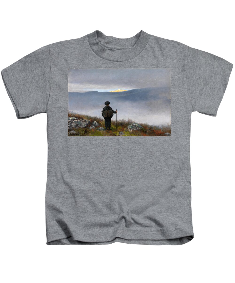 Theodor Kittelsen Kids T-Shirt featuring the painting Far far away Soria Moria Palace shimmered like Gold by Theodor Kittelsen