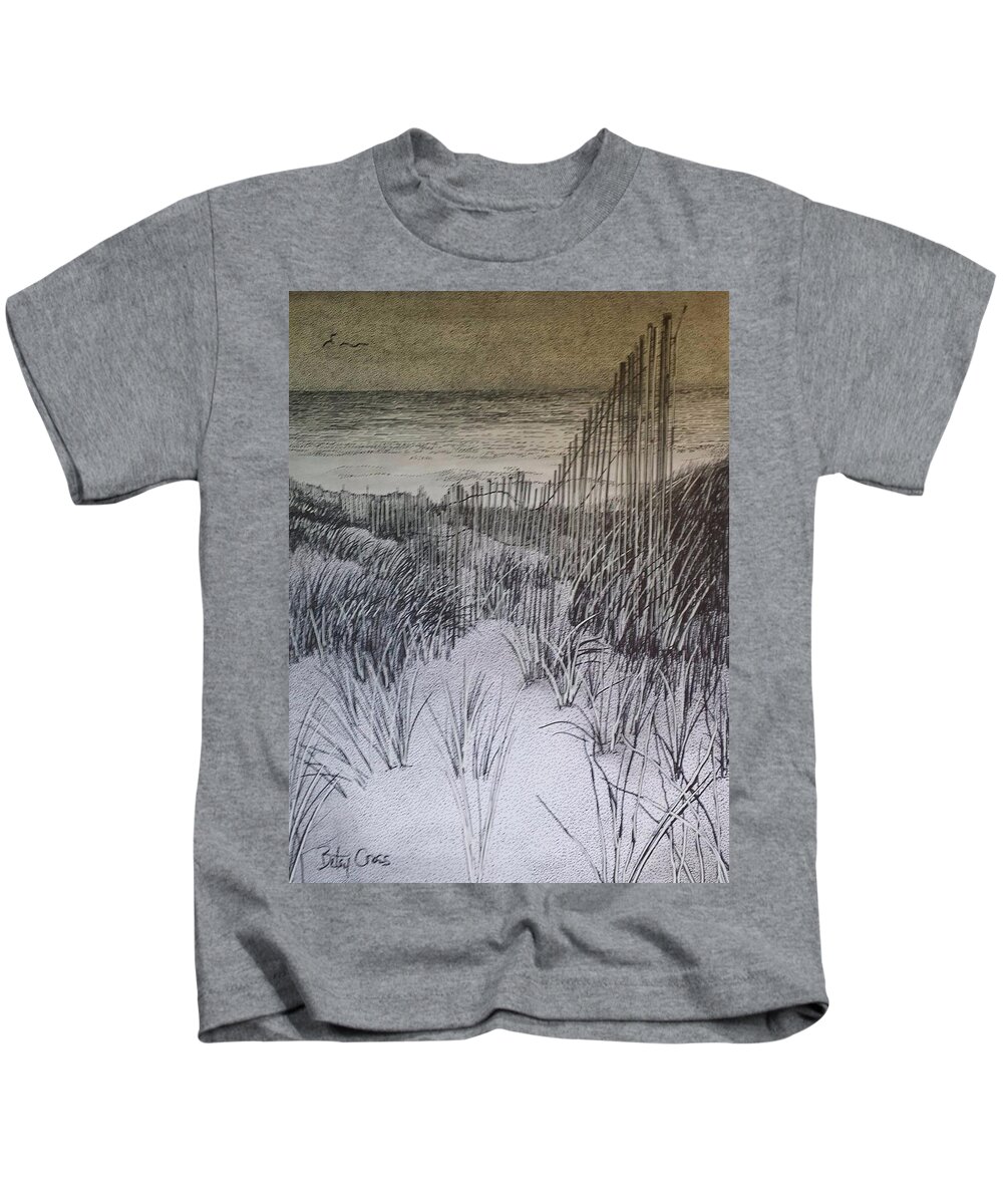  Kids T-Shirt featuring the drawing Fence in the Dunes by Betsy Carlson Cross