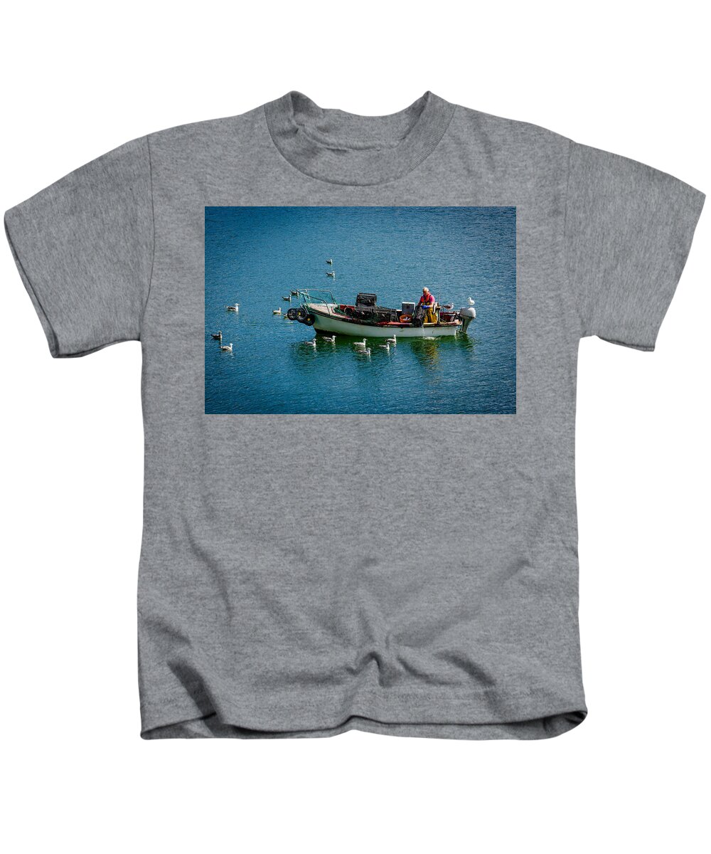 Boat Kids T-Shirt featuring the photograph Fisherman with Boat and Seagulls by Andreas Berthold