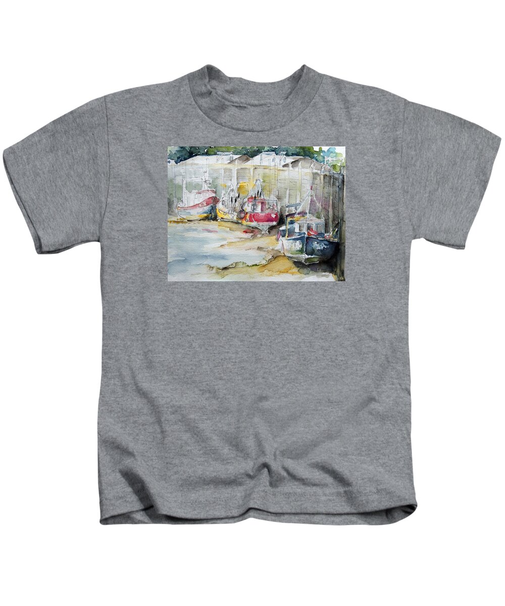 Summer Kids T-Shirt featuring the painting Fishing Boats Settled Aground During Ebb Tide by Barbara Pommerenke