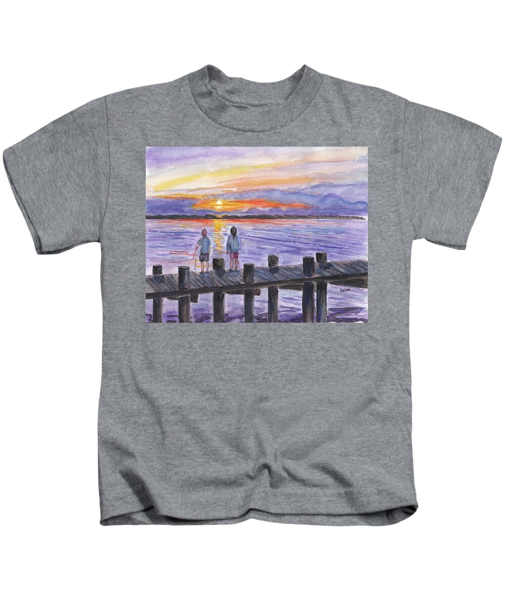 Children Kids T-Shirt featuring the painting Fishing on the dock by Clara Sue Beym