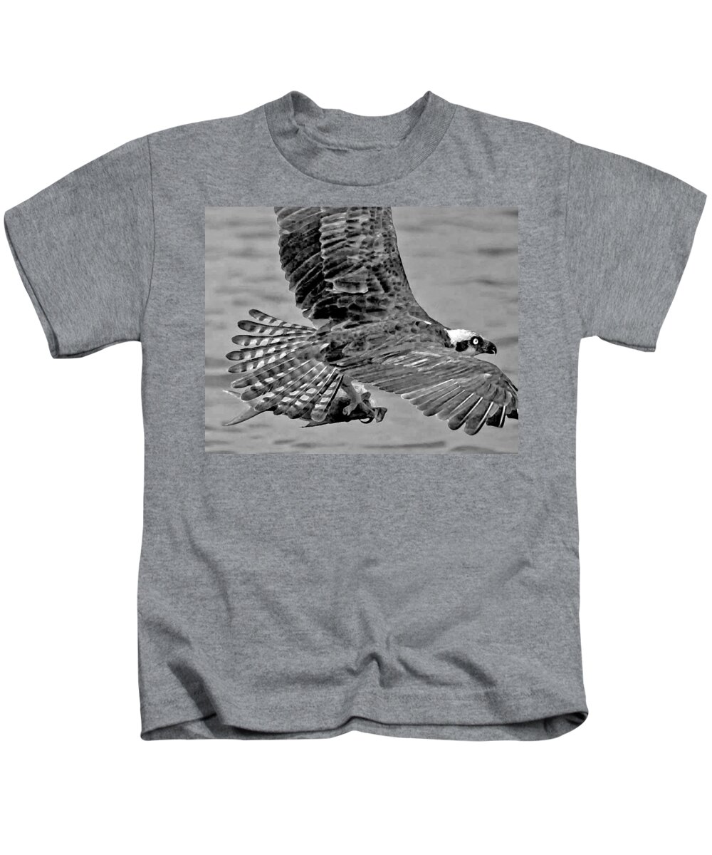 Pelican Kids T-Shirt featuring the photograph Flight of the Osprey BW by Michael Thomas